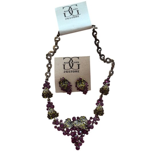 2G Store Jewelry - Purple Grape Leaf Necklace & Earrings Set By 2G Store Rhinestone Detailing Vinta